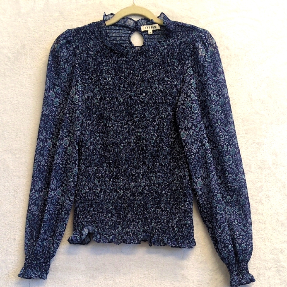 FARROW Women's Blue Floral Smocked Long‎ Sleeve Shirt Size S
